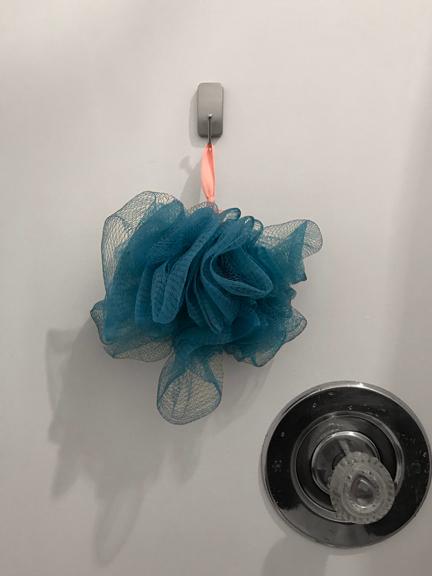 Hanging tough! (well, as tough as a loofah sponge hook can)