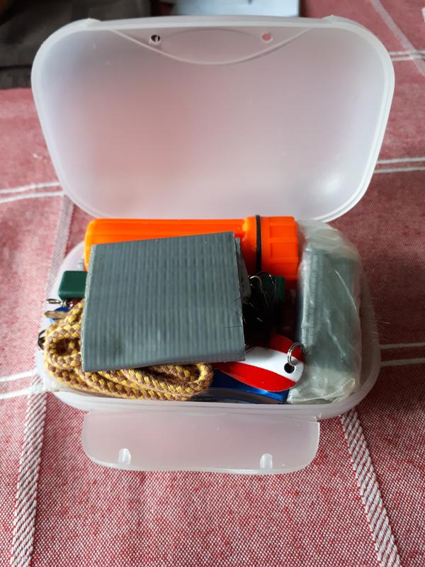 Duct Tape, knife, shoelace, matches ect...