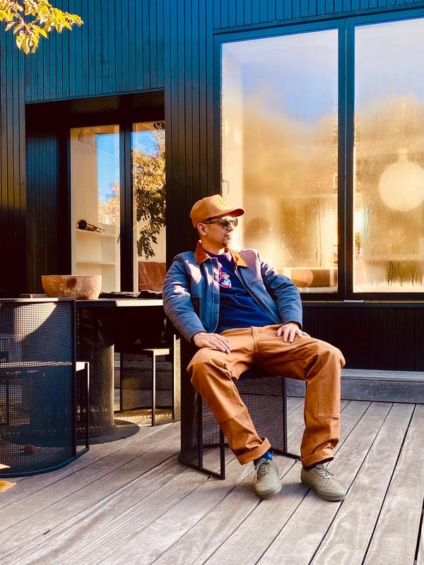 Just chilling in my Carhartt pants, jacket, and Carhartt Mets hat in collaboration with 47.