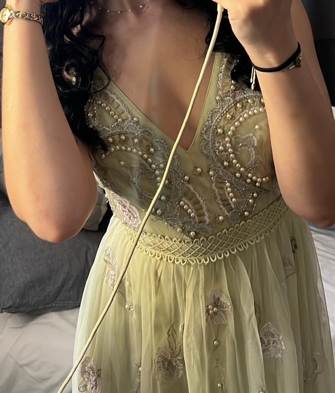 ASOS DESIGN Bridesmaid pearl embellished cami maxi dress with floral  embroidery in sage