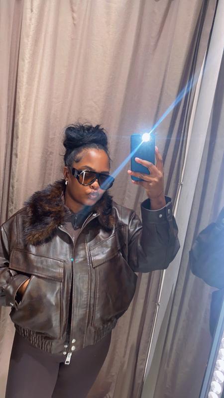 Topshop faux leather boxy zip through pocket bomber jacket with