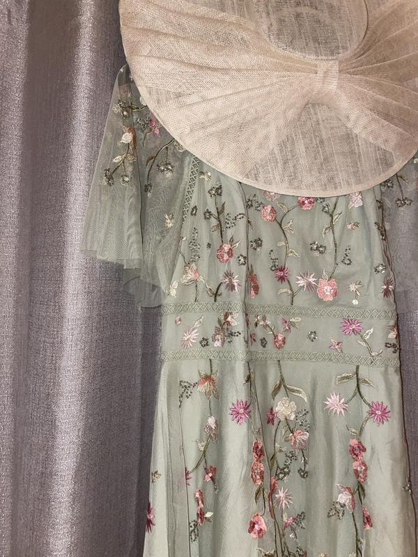 ASOS DESIGN Bridesmaid floral embroidered flutter sleeve midi dress with  embellishment in sage green | ASOS