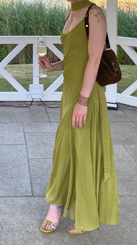 ASOS DESIGN scoop neck maxi dress with godet hem and scarf in olive green