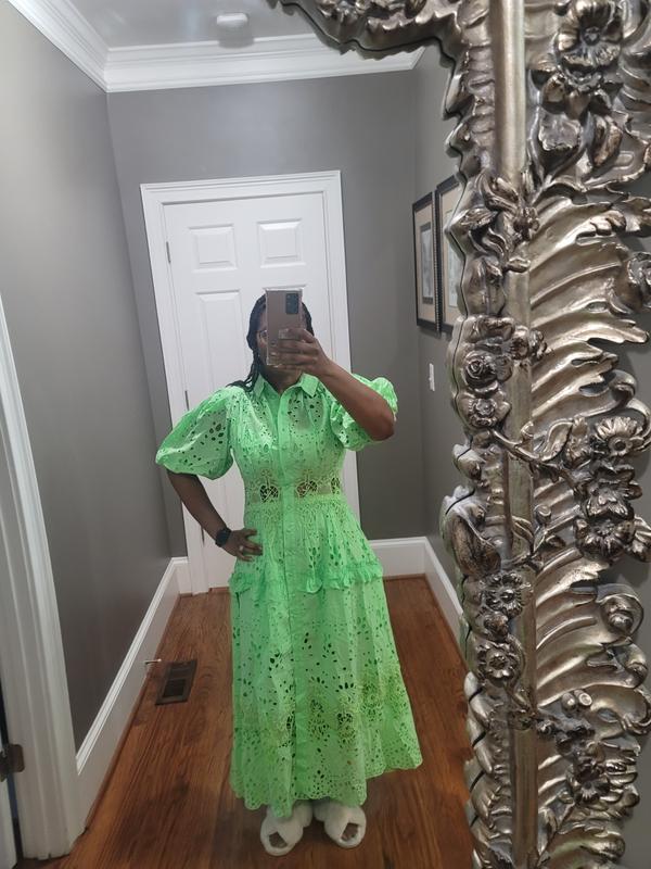 asos green broderie dress Asos Broderie Drawstring Long Sleeve Midi Shirt Dress In Bright Green main image 0