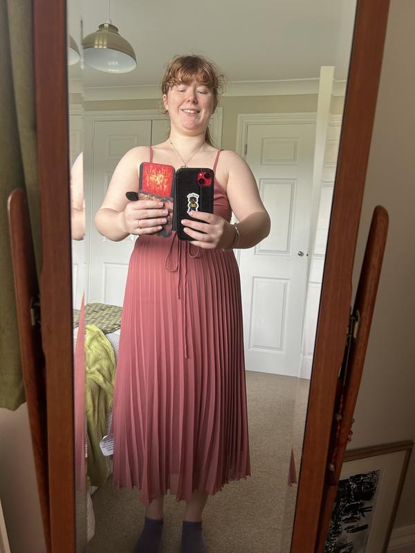 knee length dresses for ladies Asos Design Twist Front Pleated Cami Midi Dress With Belt In Rose Pink