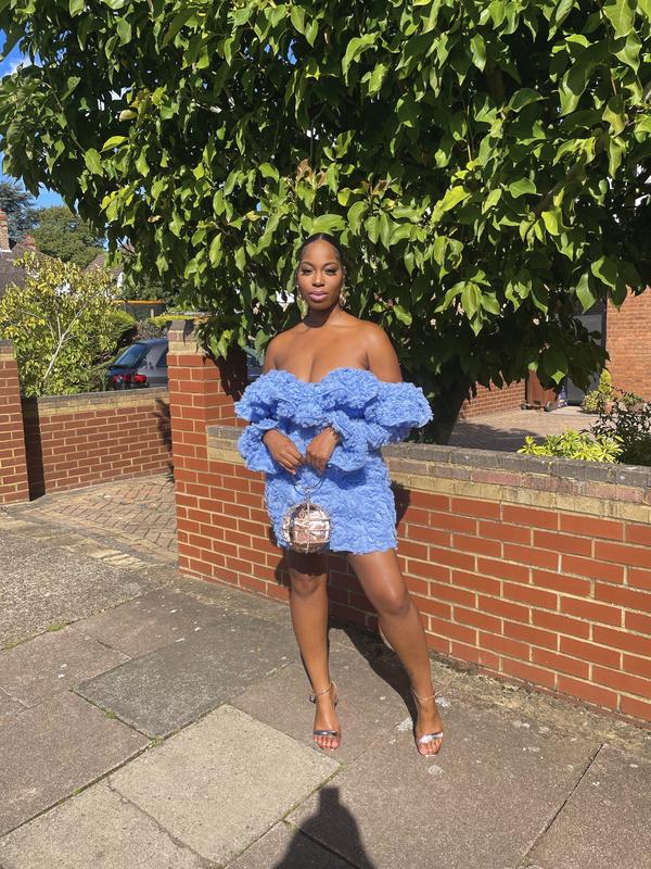 ASOS LUXE 3D lace ruffle bardot mini dress in blue | ASOS
