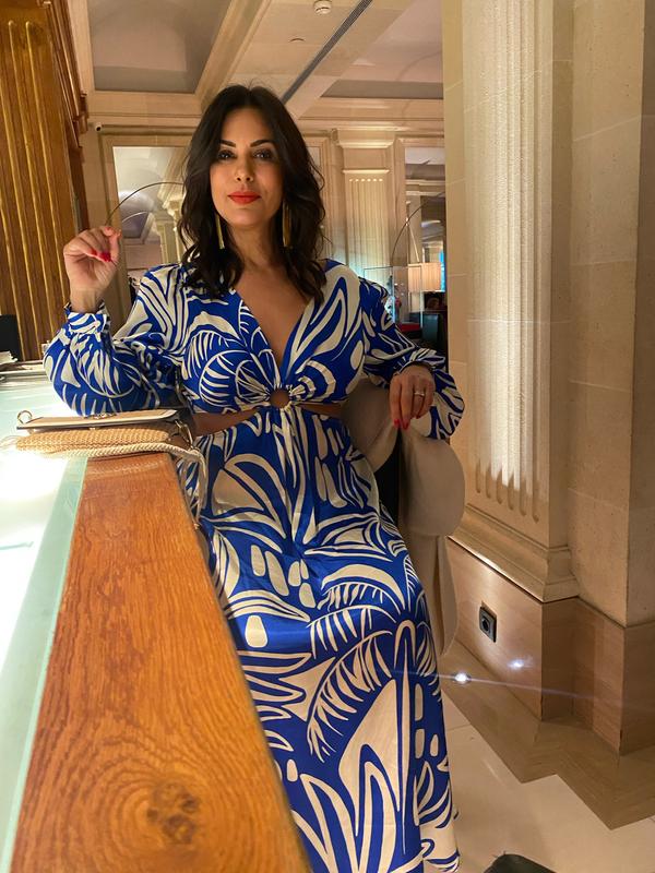Topshop long sleeve cut out ring detail midi dress in cobalt tropical print  | ASOS