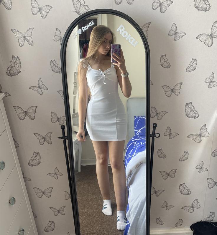 miss selfridge white bodycon dress Miss Selfridge bow detail cut out crochet cami mini dress in white