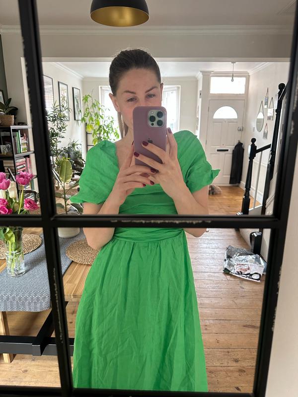 bcbgmaxazria emerald green dress Asos Design ruffle off shoulder midi dress in green based blue floral –  Augusthouseofbrands main image 1