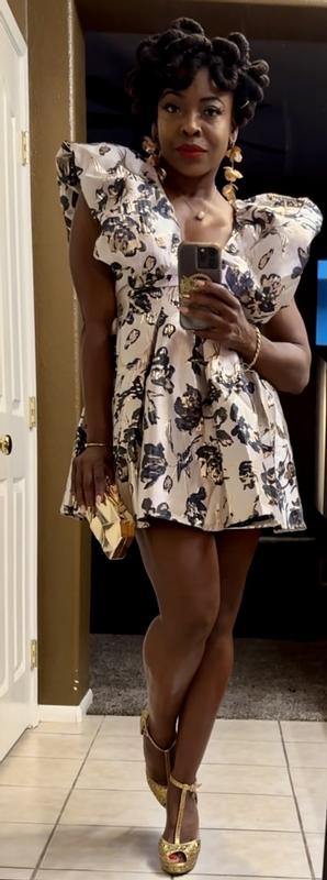 ASOS LUXE floral jacquard bubble plunge dress in blue and gold
