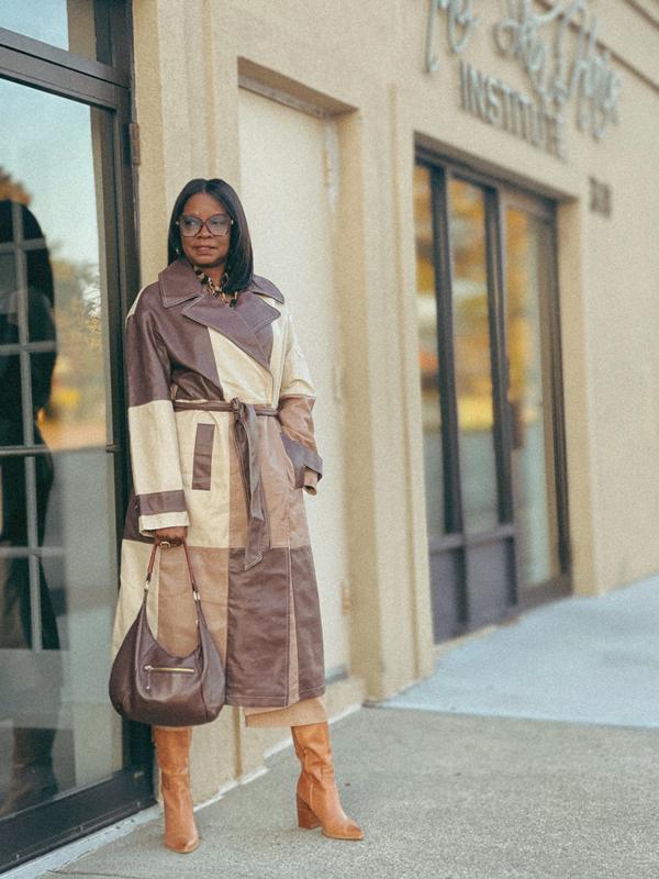 ASOS DESIGN Tall patched faux leather trench coat in brown ASOS DESIGN Tall patched faux leather trench coat in brown