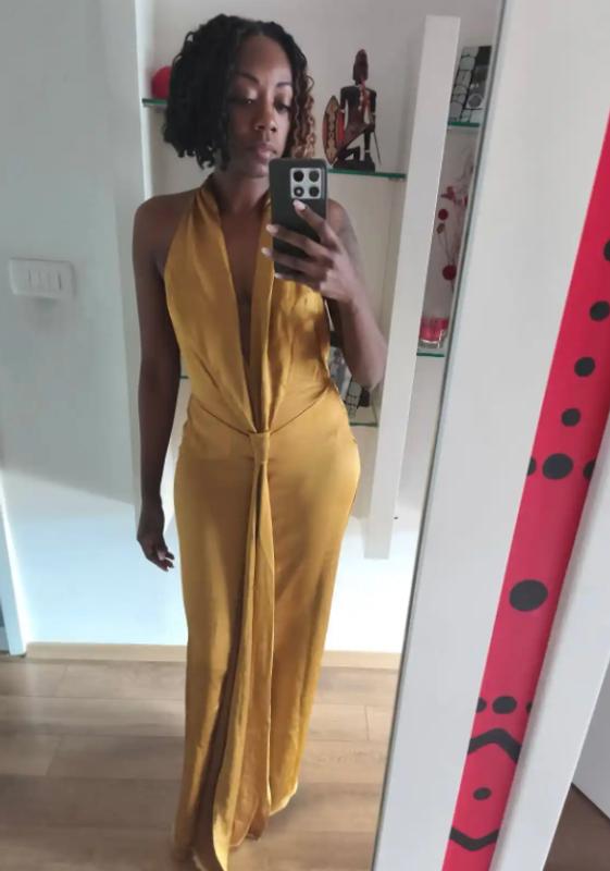 TFNC halterneck maxi dress with tie front detail in mustard satin