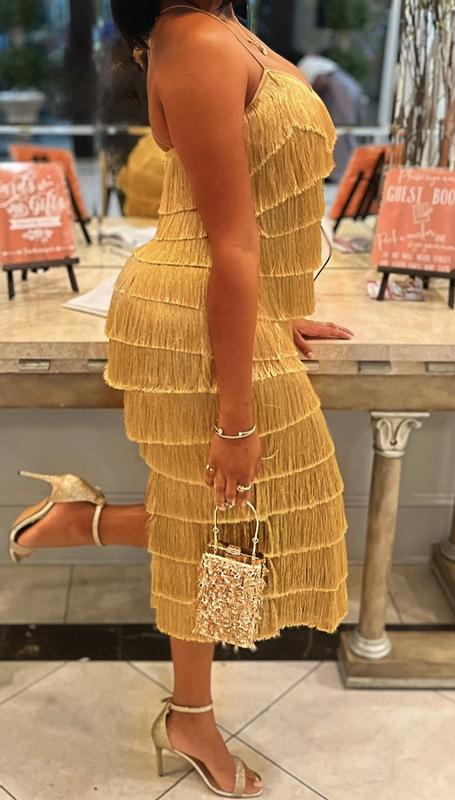 ASOS DESIGN tiered midi fringed dress with cross back detail in gold | ASOS