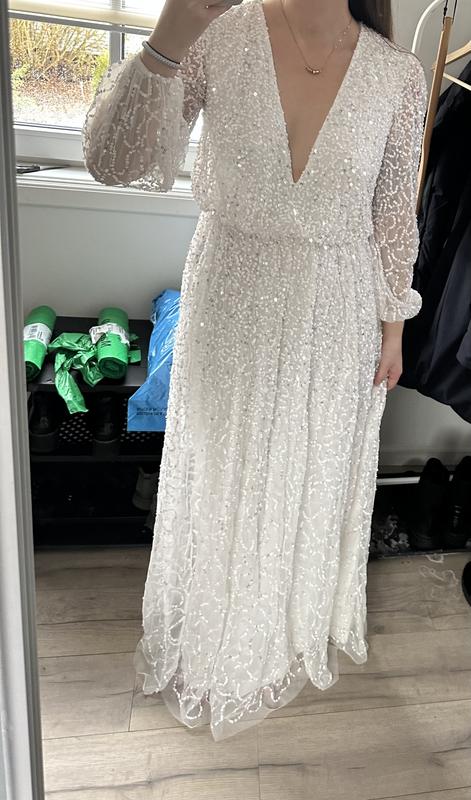 chinese dress ladies Pink V Neck Flounce Sleeve Embellished Mesh Gown