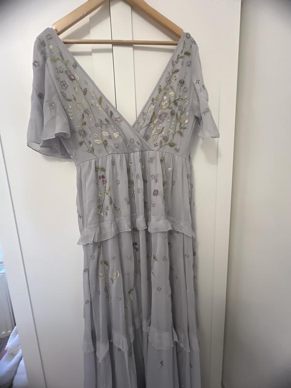 ASOS DESIGN Maternity Bridesmaid flutter sleeve embellished wrap maxi dress  with embroidery in light blue | ASOS