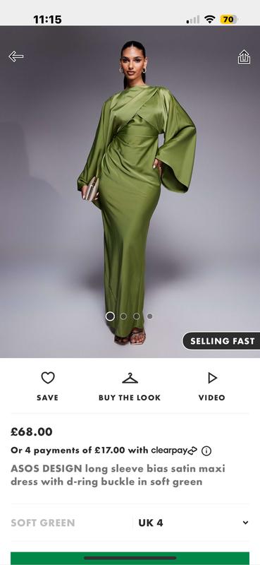 ASOS DESIGN long sleeve bias cut satin maxi dress with d-ring buckle in  soft green | ASOS