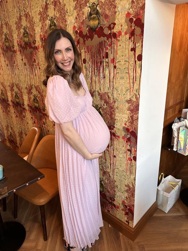 ASOS DESIGN Maternity puff sleeve pleated dobby midi dress with