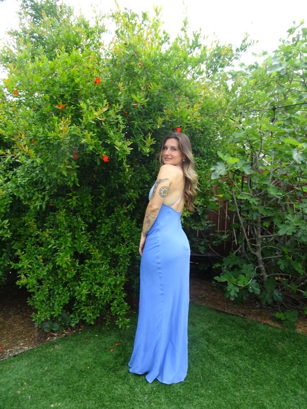 Satin Asos Blue Evening Dress ASOS DESIGN High Neck Drape Satin Maxi Dress  With Open Back