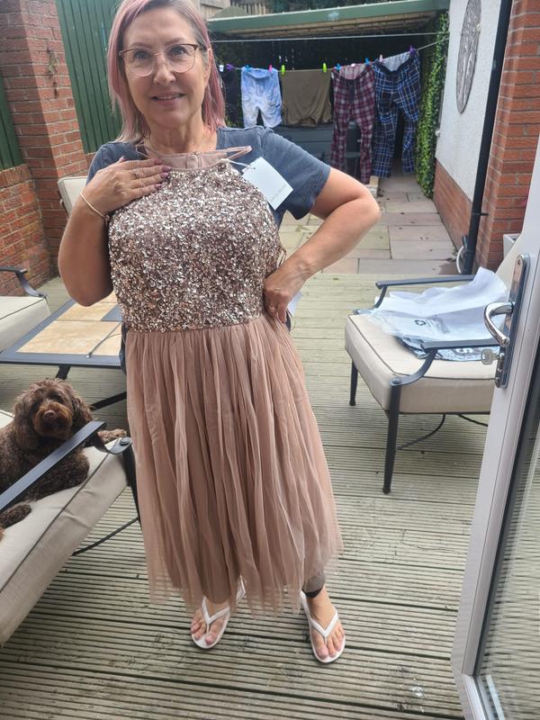 Maya Bridesmaid halter neck midi tulle dress with tonal delicate sequins in taupe blush ASOS