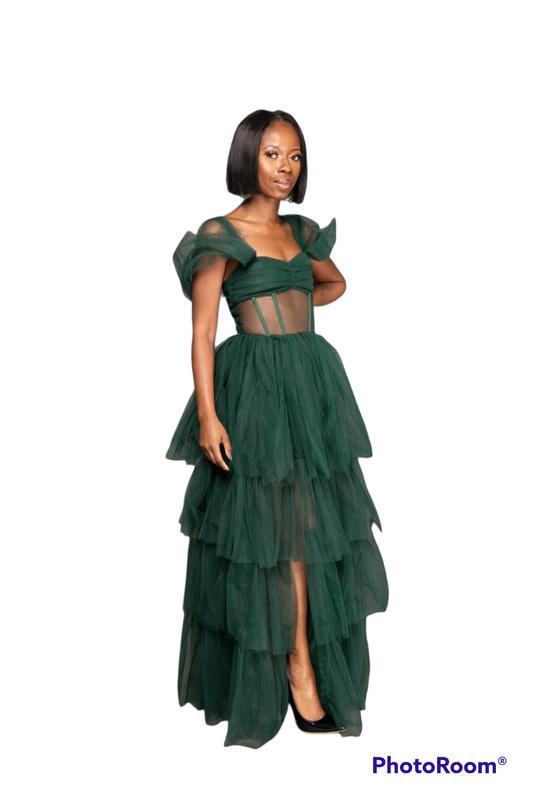 Lace & Beads Petite exclusive corset tulle high low maxi dress in emerald  green | ASOS