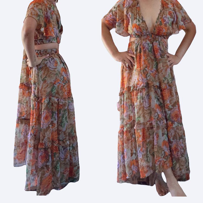 ASOS DESIGN angel sleeve plunge tiered maxi dress with cut out and rouleux  detail in blurred floral print