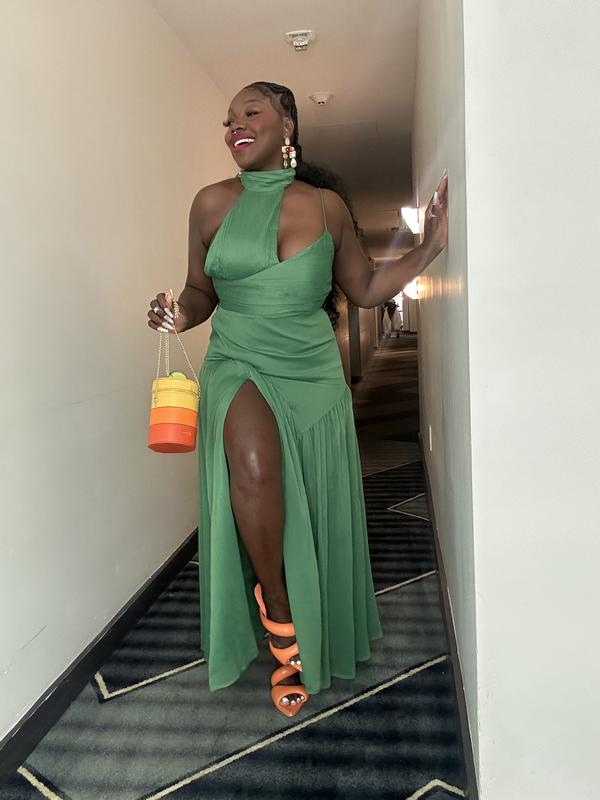 ASOS DESIGN halter neck gathered full skirt maxi dress in green | ASOS