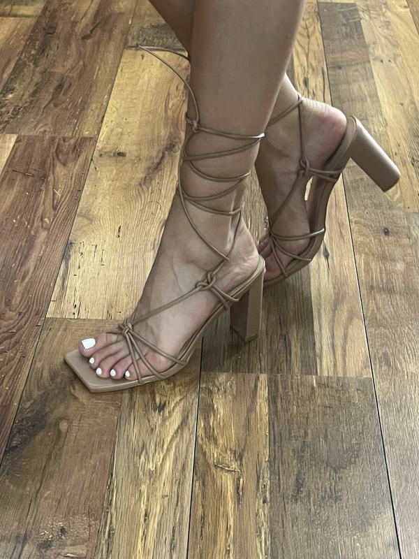 Simmi London Heidi heeled sandals with ankle tie in camel ASOS