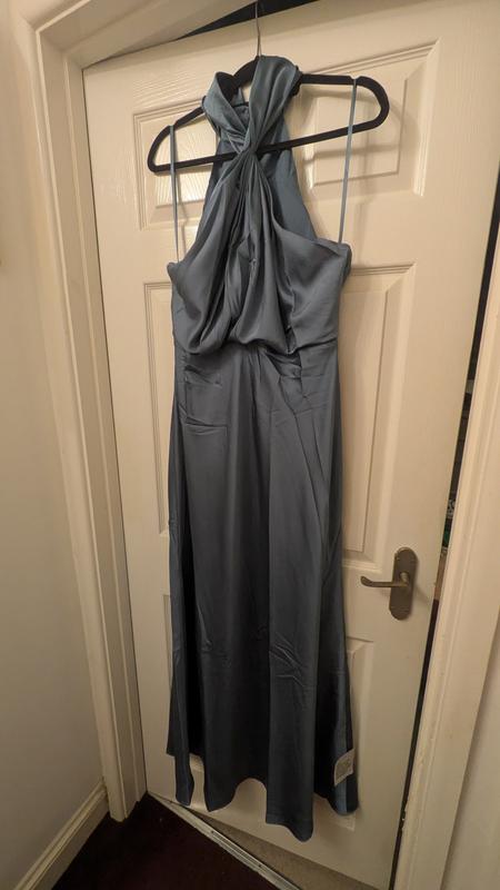 ASOS DESIGN Bridesmaid satin ruched halter neck maxi dress in dusky blue |  ASOS