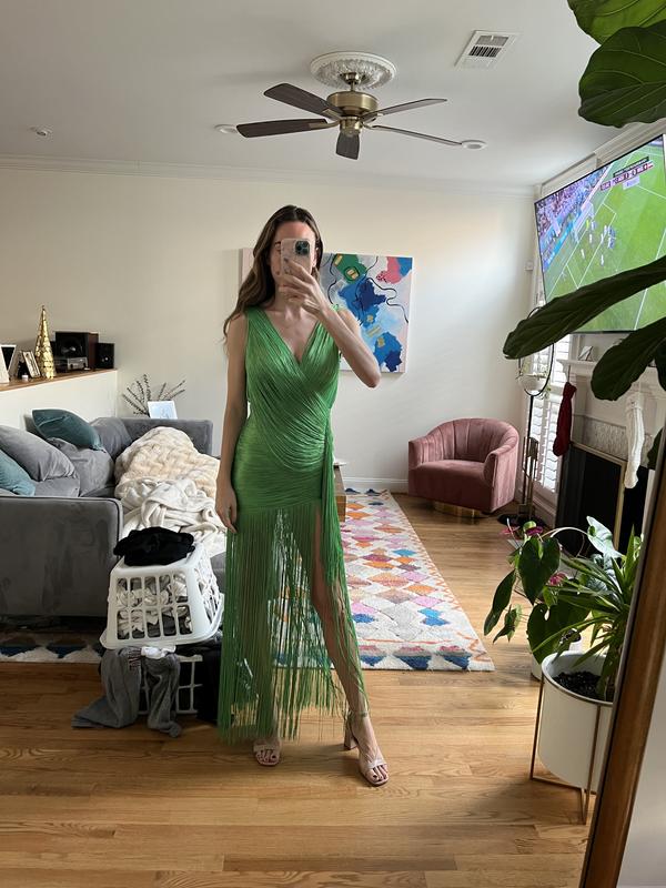 ASOS DESIGN drape fringe maxi dress with wrap detail in green | ASOS