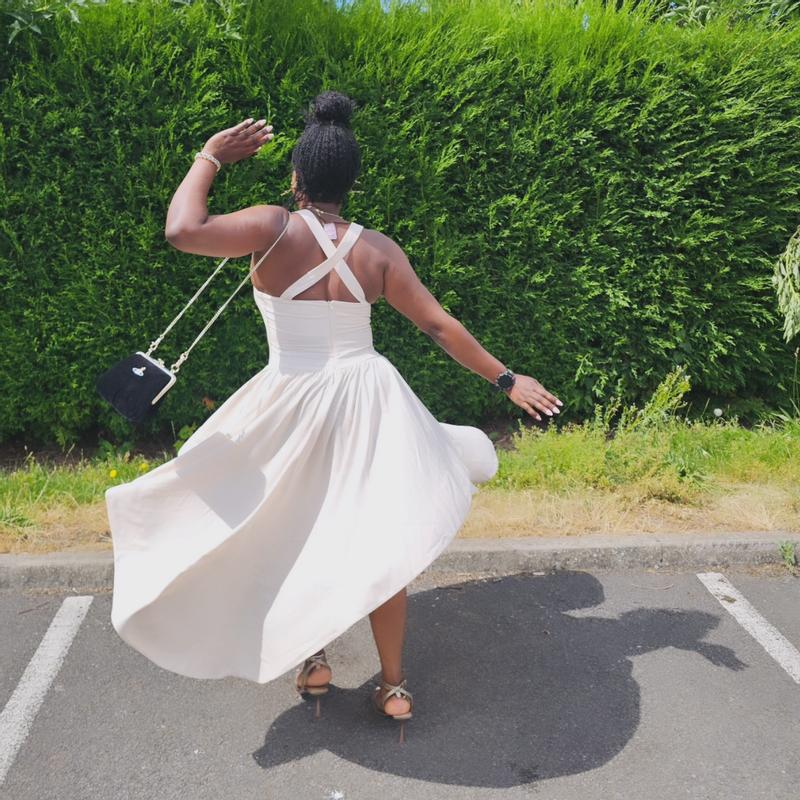 asos white halter dress DESIGN wide neck maxi in washed linen with volume skirt in off-white mini bustier dress
