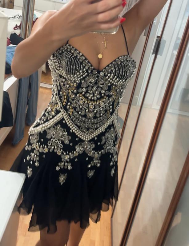 embellished cami mini dress with flippy hem in black Moon River 24