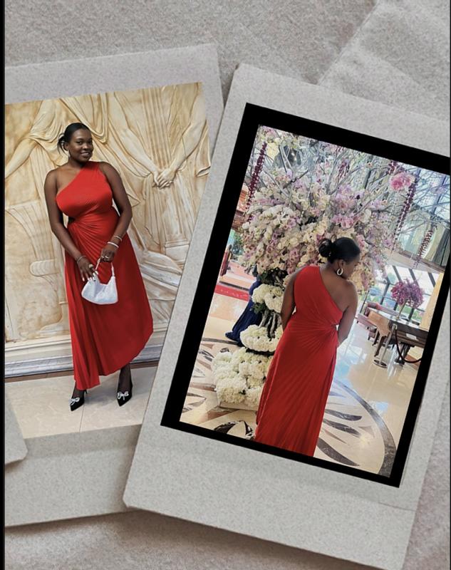 ASOS DESIGN asymmetric one shoulder cut out pleated midi dress in