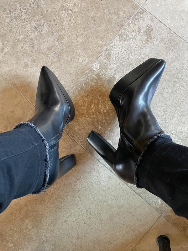 ASOS DESIGN platform heeled boots with pointed toe in black faux