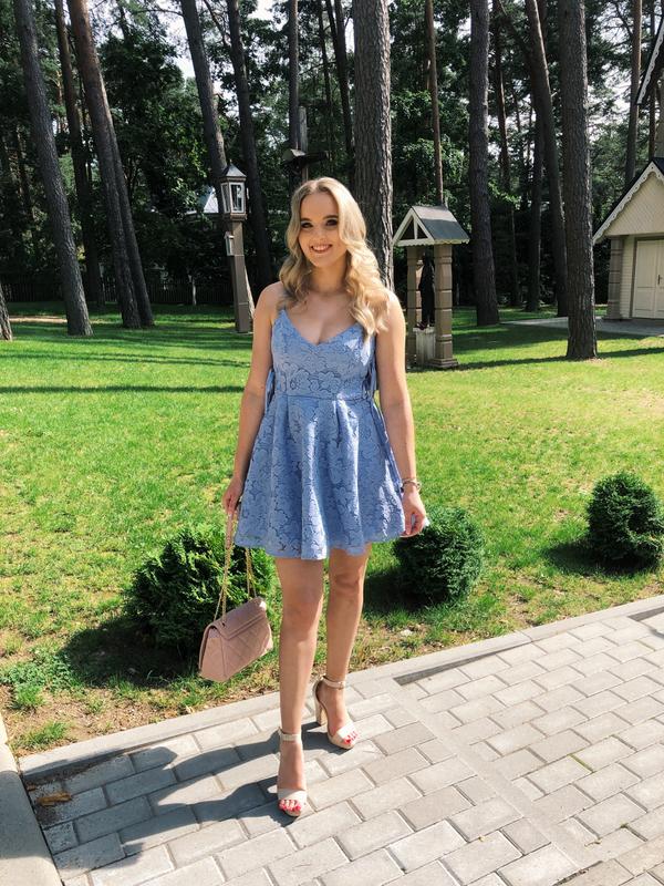 Miss Selfridge lace tie side mini prom dress in blue | ASOS