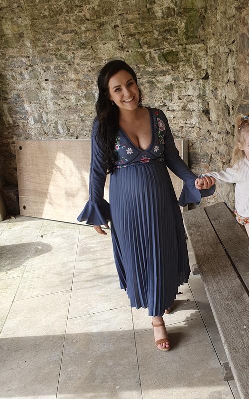 ASOS DESIGN Maternity embroidered pleated midi dress in blue | ASOS