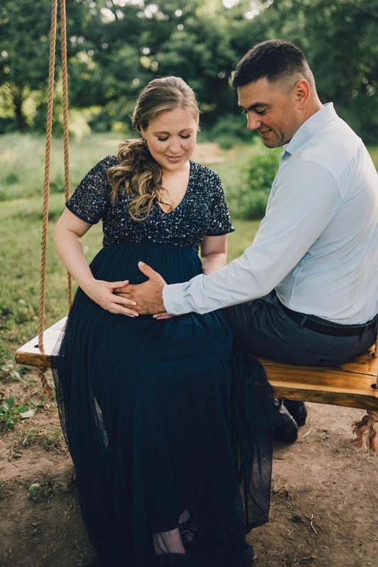 Maya Maternity Bridesmaid v neck maxi tulle dress with tonal delicate sequin in navy