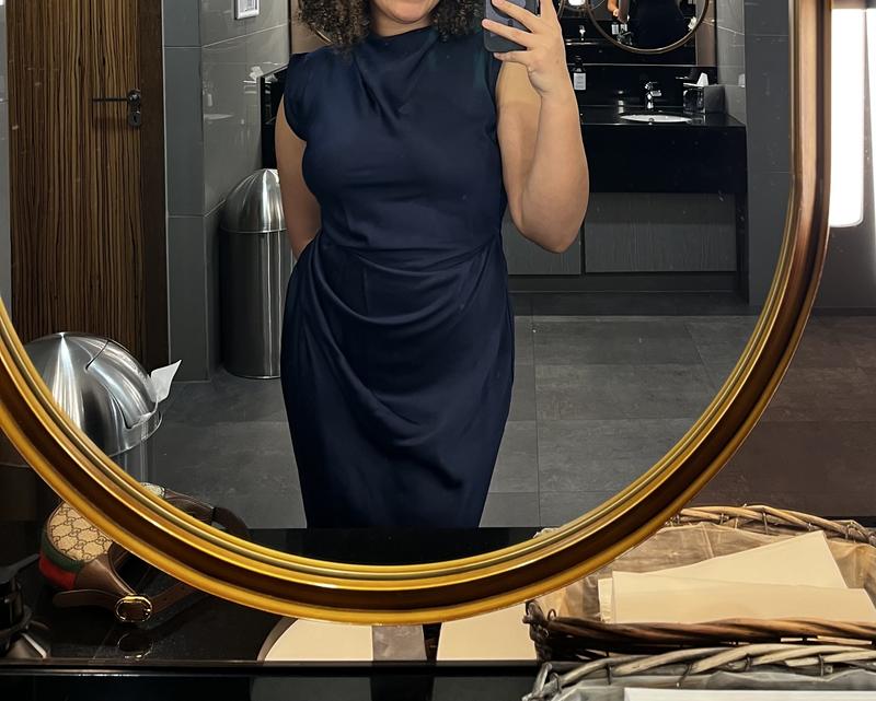 ASOS DESIGN satin high neck pleated bodice midi dress in navy | ASOS