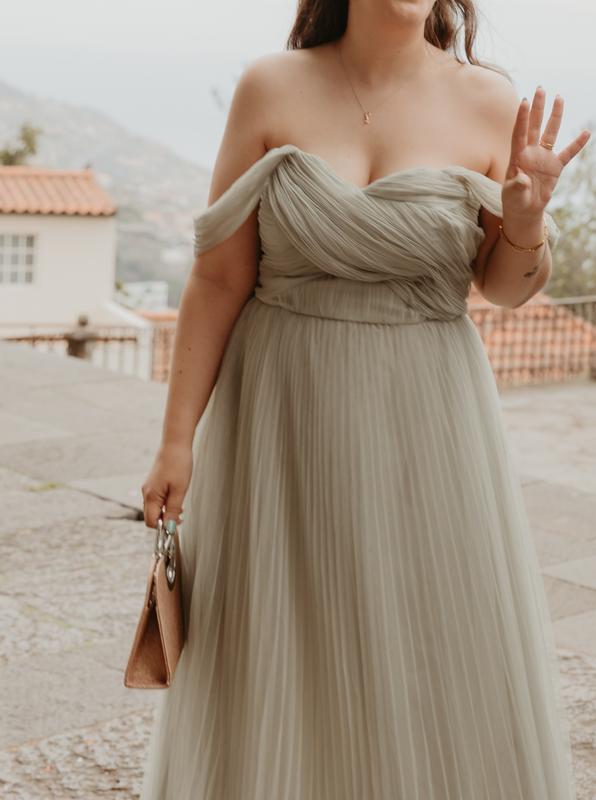 ASOS DESIGN Bridesmaid off shoulder tulle midi dress with tie back and  pleated skirt in Sage | ASOS