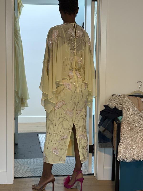 ASOS DESIGN cape midi dress with floral embellishment in pale yellow | ASOS