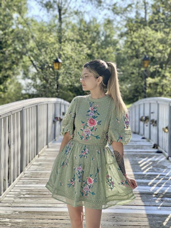 ASOS DESIGN Petite high neck textured embroidered mini dress with lace trims  in sage green | ASOS