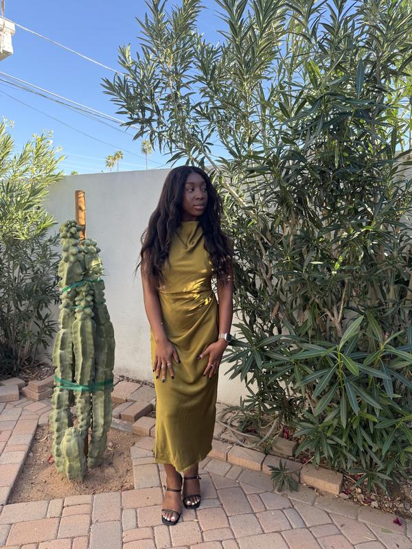 asos green satin midi dress ASOS DESIGN satin high neck pleated bodice midi dress in olive green