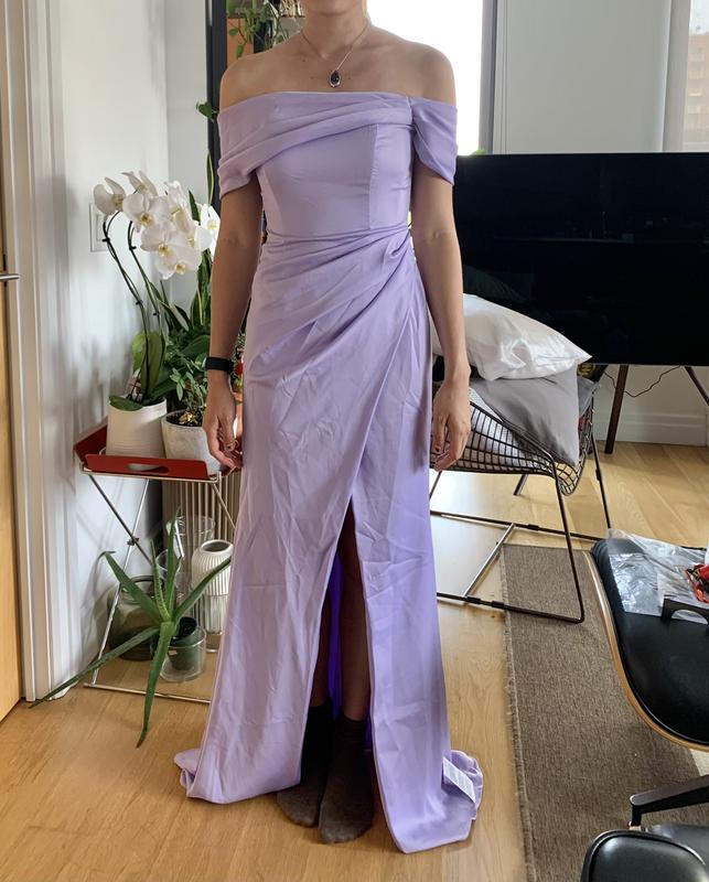 ASOS DESIGN Bridesmaid satin bardot drape wrap maxi dress in lilac | ASOS