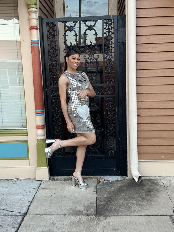 ＭＭ6 Silver mirrored one-shoulder dress Silver One-Shoulder Maxi: Reflective Elegance, Fitted Glamour