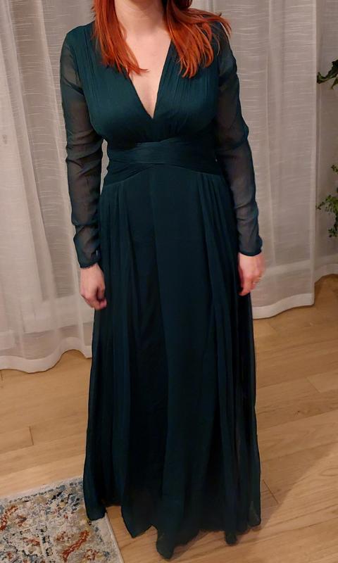 ASOS DESIGN Bridesmaid ruched waist maxi dress with long sleeves and pleat  skirt in dark green | ASOS
