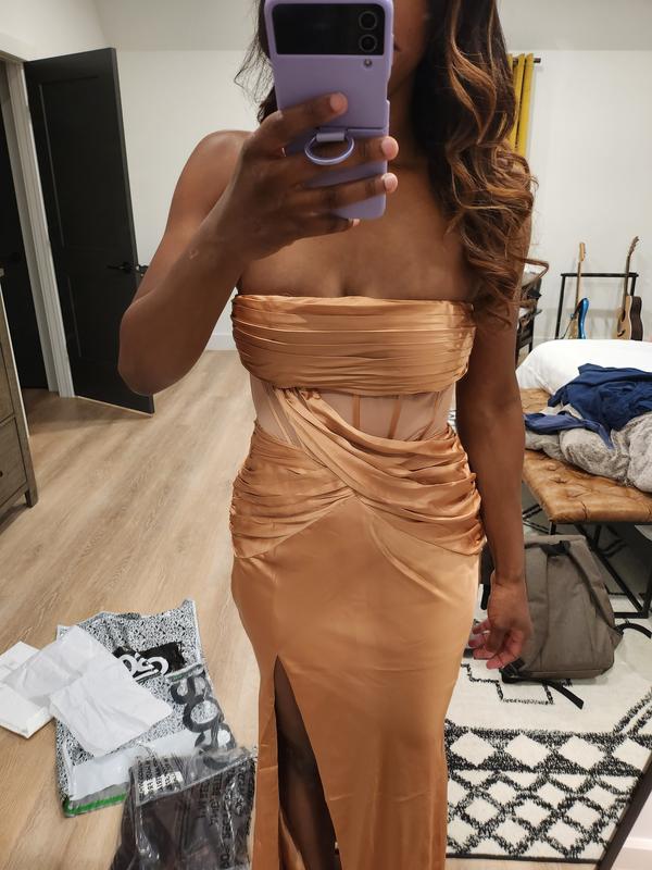 khaki satin draped bandeau corset midaxi dress PrettyLittleThing Women's Khaki Satin Draped Bandeau Corset Midaxi Dress -  US 12