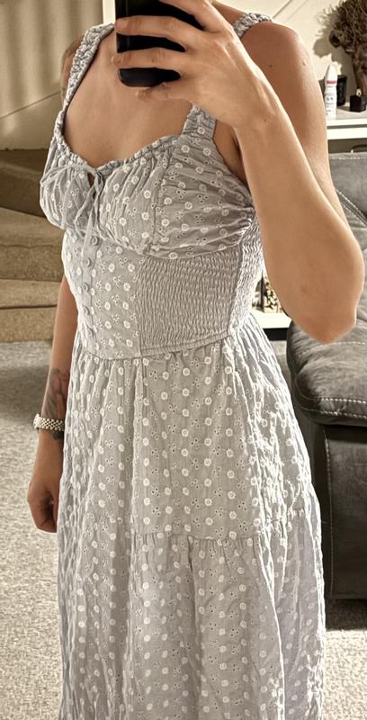 Hollister embroidered maxi dress with thigh split in blue | ASOS