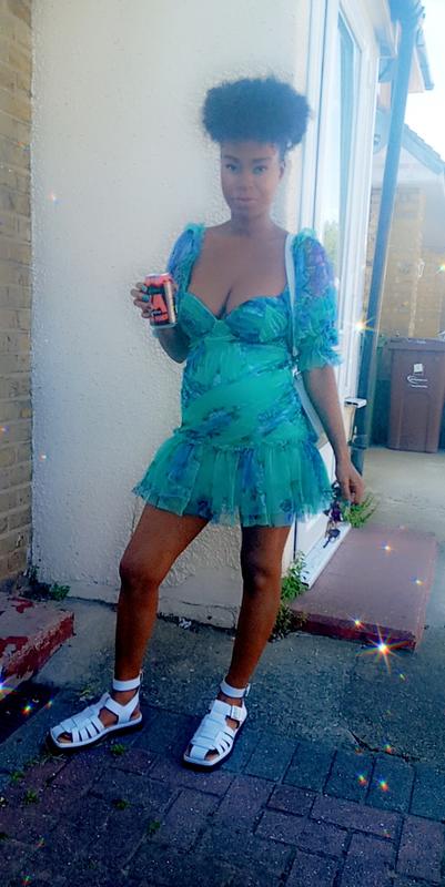 blue floral chiffon puff sleeve ruched bodycon dress ASOS LUXE puff sleeve ruched chiffon mini dress in blue floral print