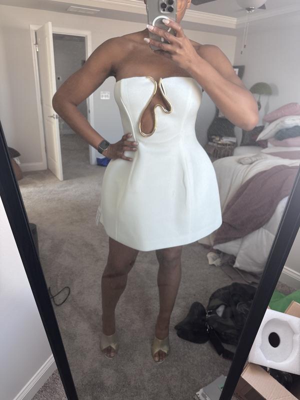 asos white and gold dress DESIGN Premium bandeau sculpted mini with trim in ivory Mini dress
