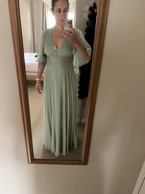 ASOS DESIGN Bridesmaid ruched bodice drape maxi dress with wrap waist and  flutter cape sleeve in olive | ASOS