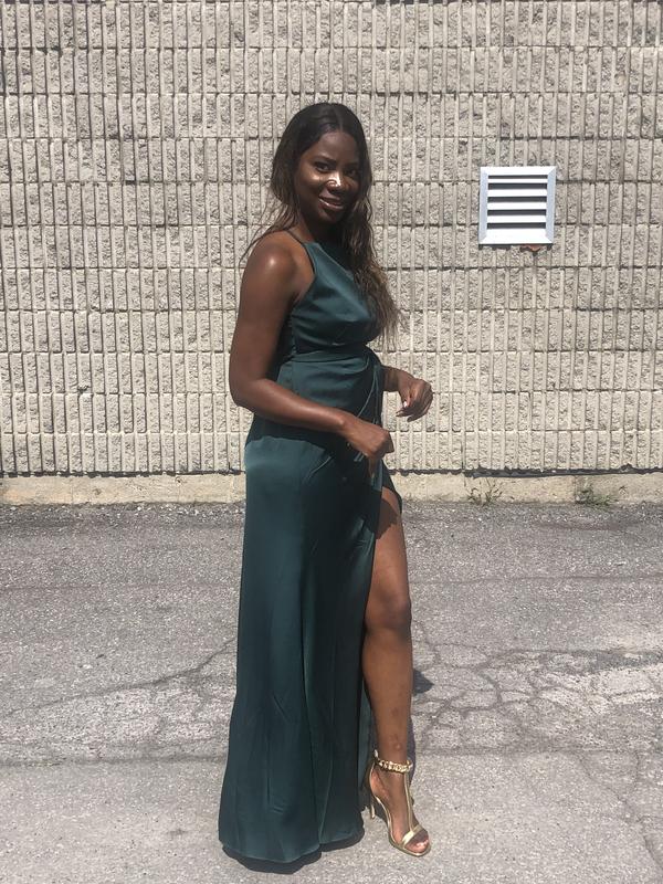 ASOS DESIGN Bridesmaid satin square neck maxi dress with side split in  forest green | ASOS